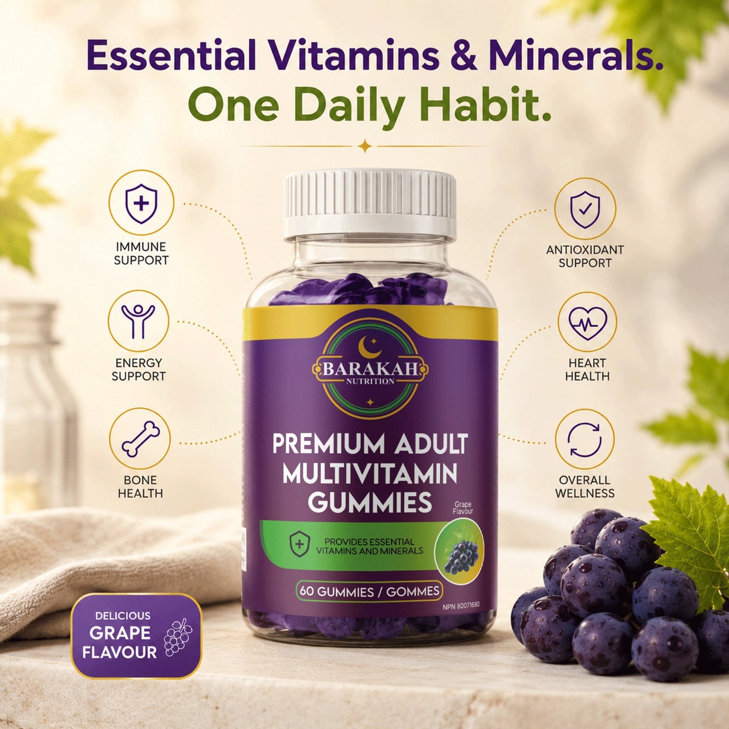Premium Adult Multivitamin Gummies - Grape (60ct)